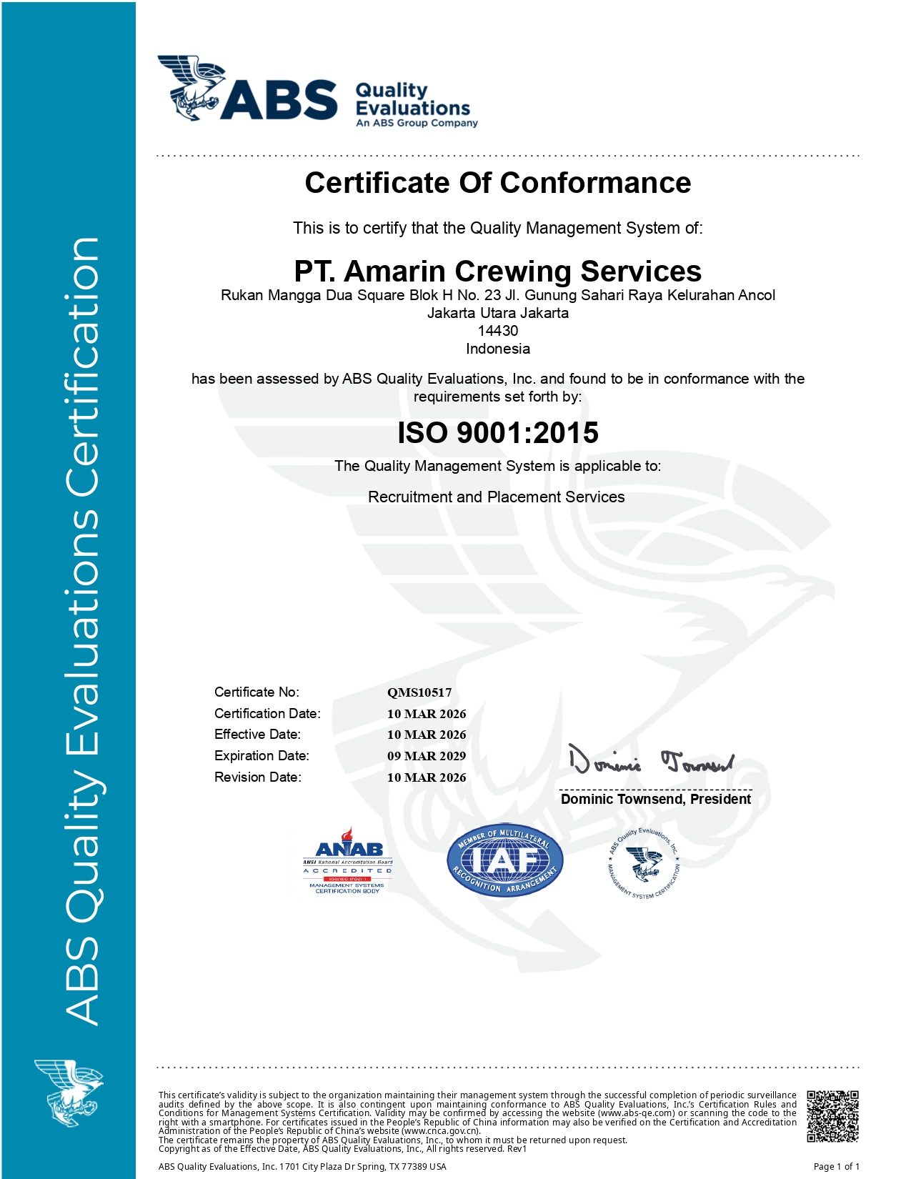Certificate – ISO 9001 – PT. Amarin Crewing Services – QMS10517 10Mar2026_page-0001